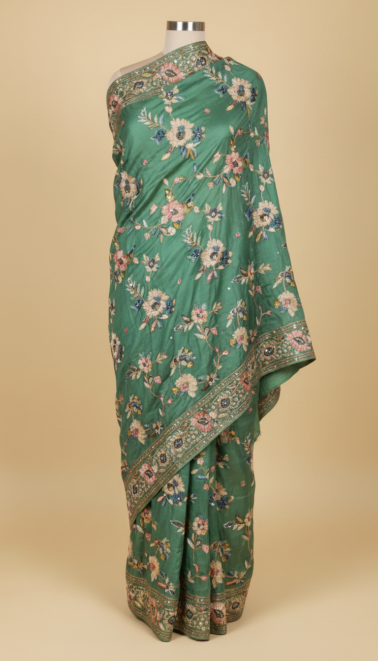 Jade green embroidered silk dupatta