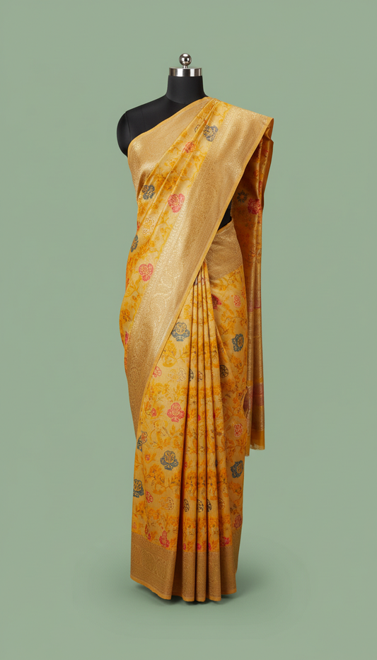 Marigold silk saree with gold border