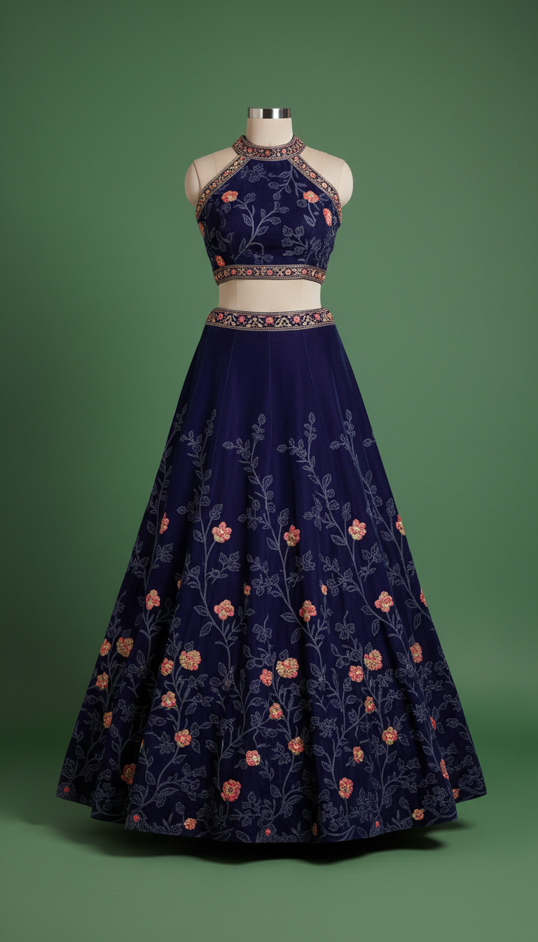 Indigo velvet lehenga with modern blouse